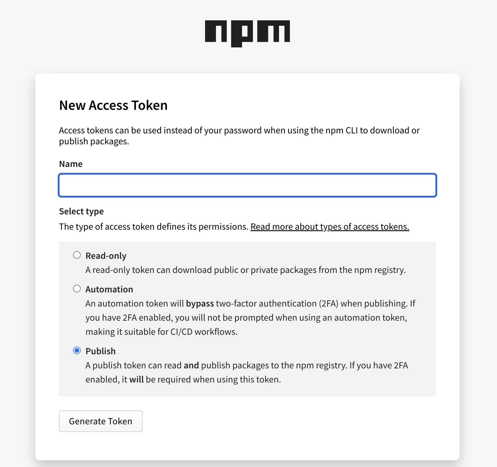 Npm New Access Token page