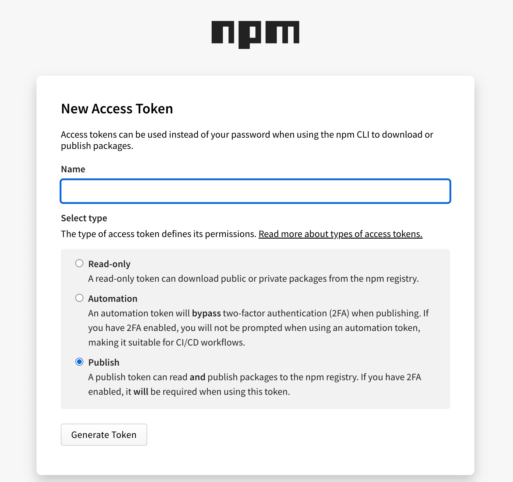 Npm New Access Token page